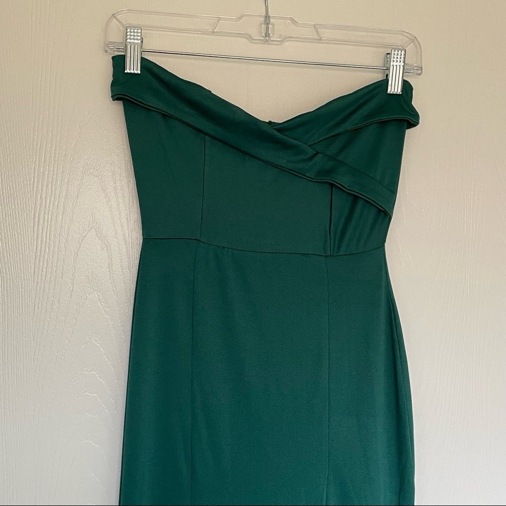Emerald green strapless slit dress